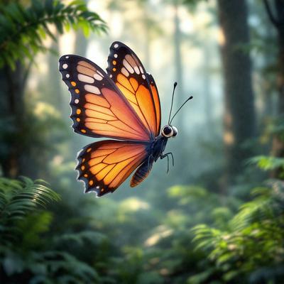 Primary subject: A butterfly with a blue body and orange wings.

Setting/background: The butterfly is flying in a forest with trees and greenery surrounding it.

Visual style: The image is a digital art or illustration of the butterfly.

Colors and mood: The butterfly has a blue body and orange wings, creating a vibrant and lively atmosphere.